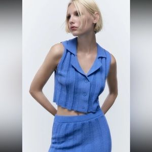 NWT ZARA CHENILLE RIB SKIRT BLUE KNIT MIDI SKIRT & TOP SIZE SMALL two piece set
